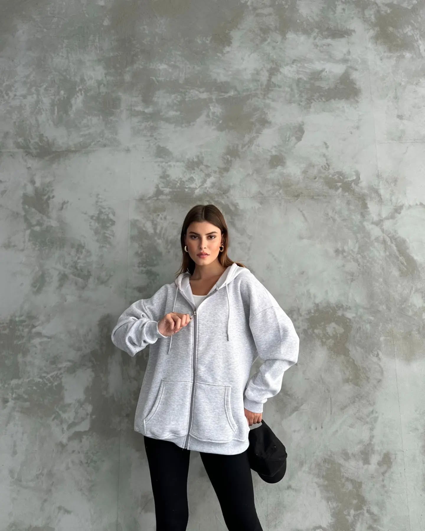 Relaxed Fit Kapüşonlu Fermuarlı Kadın Hırka 6925428 GRİ
