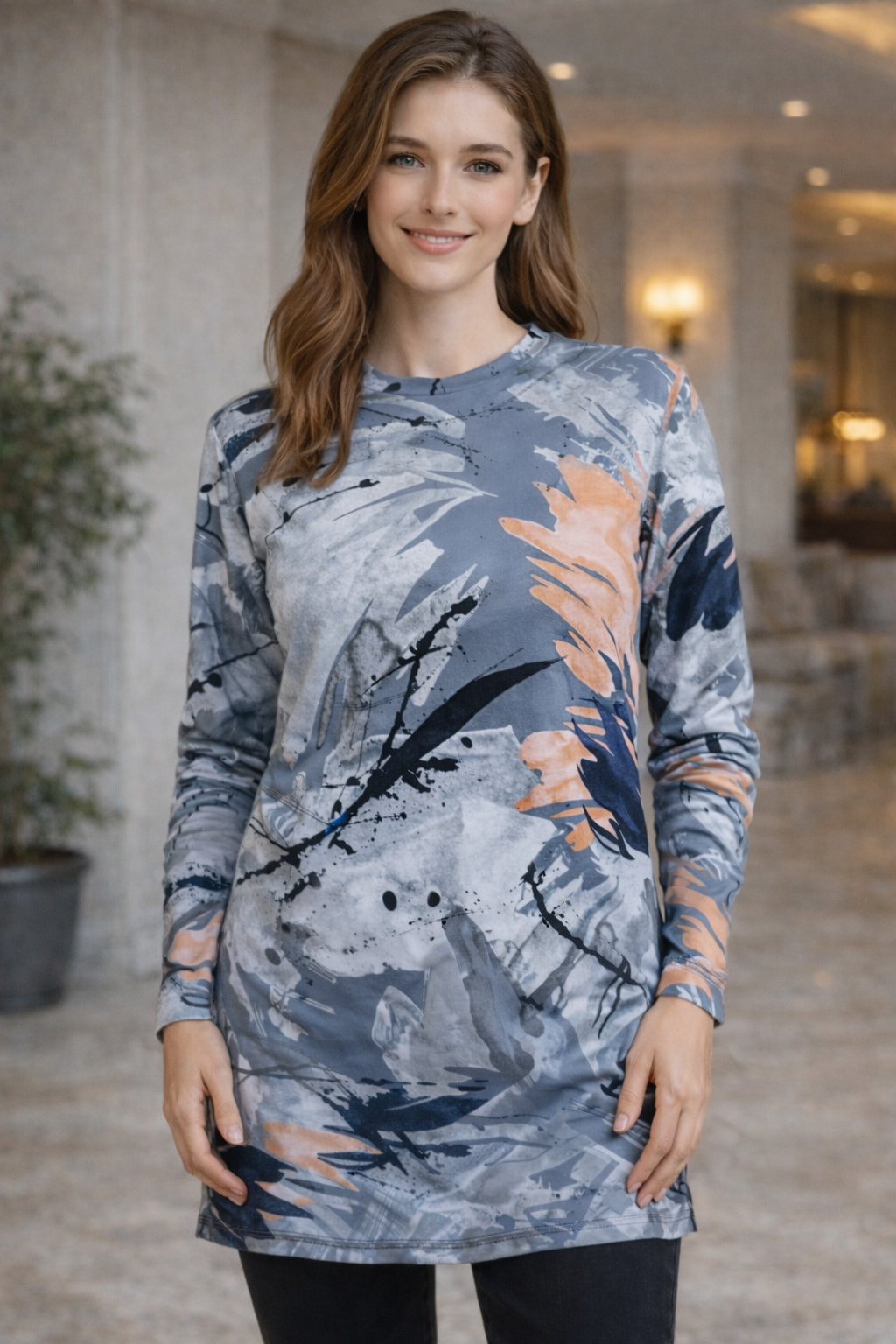 Kadın Soyut Desenli Bisiklet Yaka Uzun Kollu Sweatshirt / Bluz