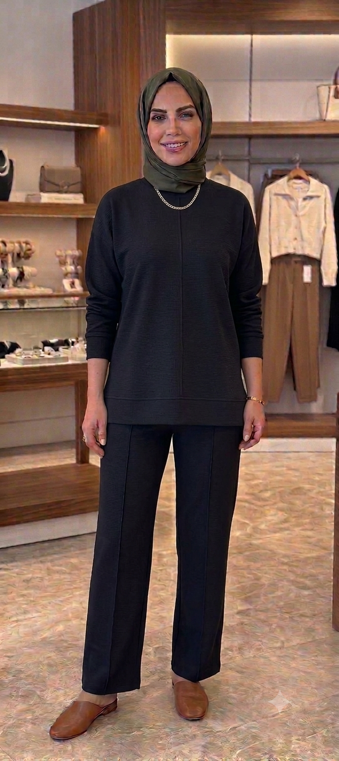 Kadın Tamamlayıcı İkili Set – Siyah Dokulu Modern Sweatshirt ve Pantolon Takımı
