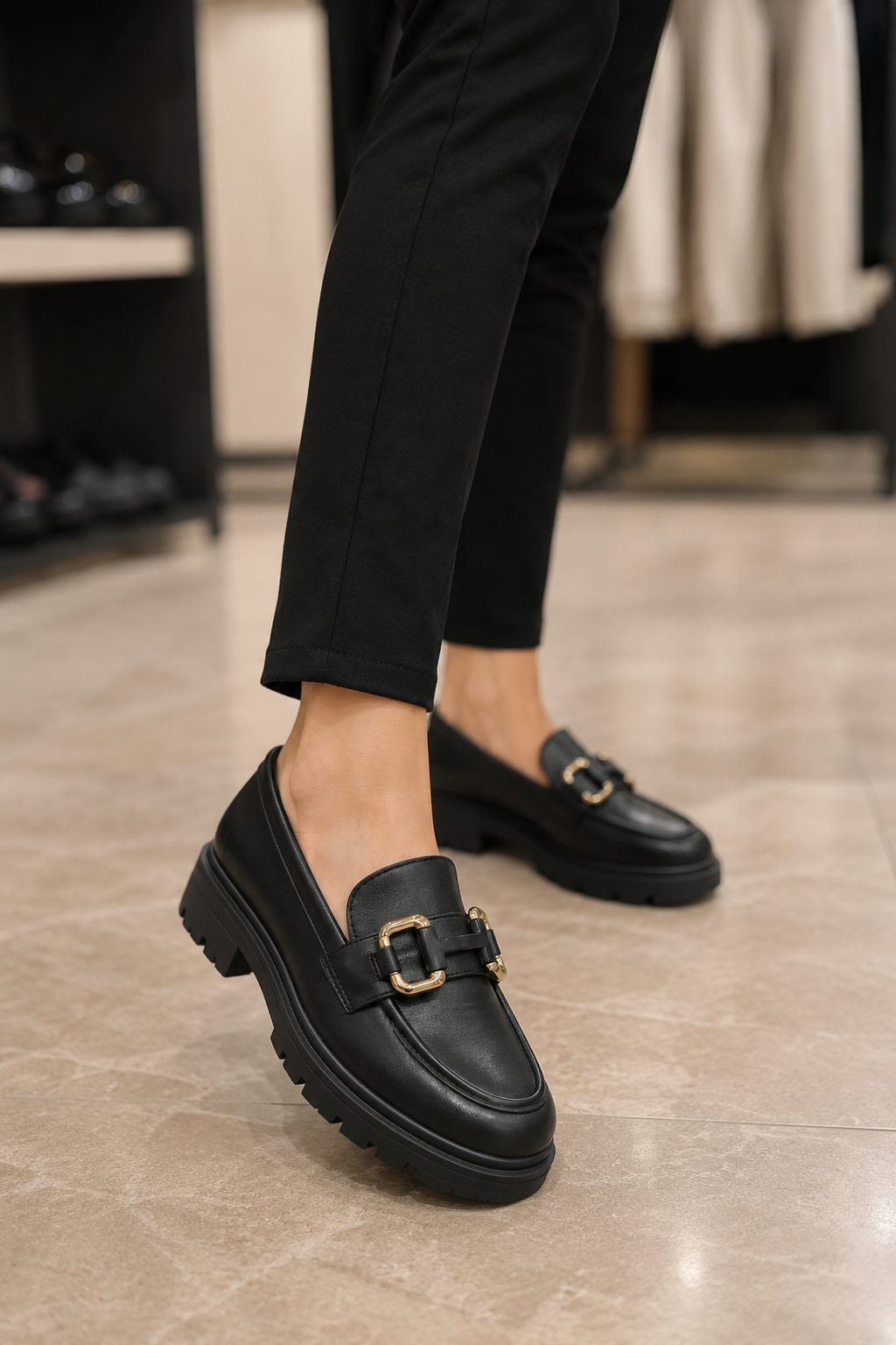 Siyah Kalın Tabanlı Metal Tokalı Kadın Loafer Ayakkabı