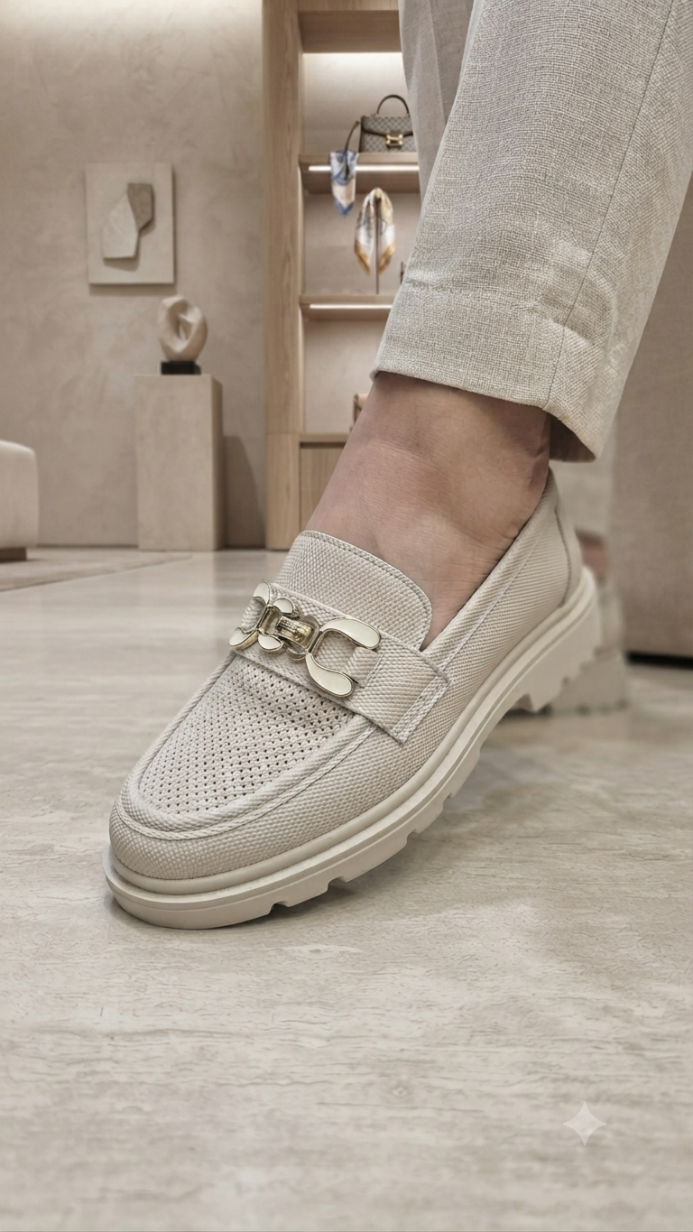 Bej Renk Metal Detaylı Kadın Loafer