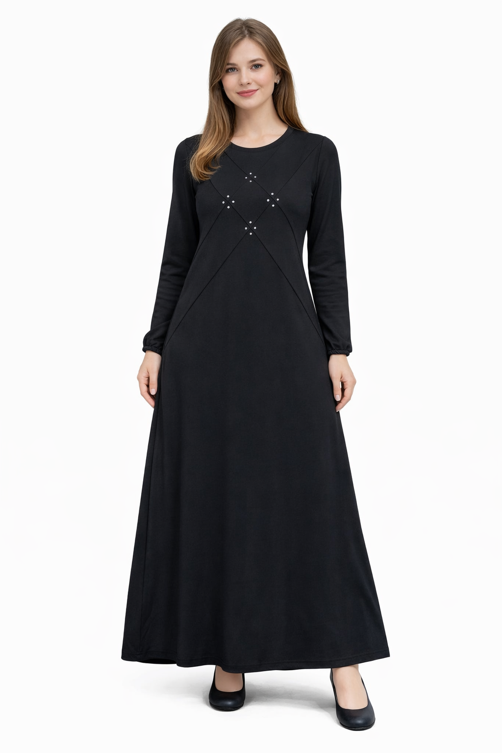 Taş Detaylı Uzun Kollu Maxi Elbise – Siyah