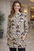Kadın Desenli Bisiklet Yaka Uzun Kollu Sweatshirt / Tunik