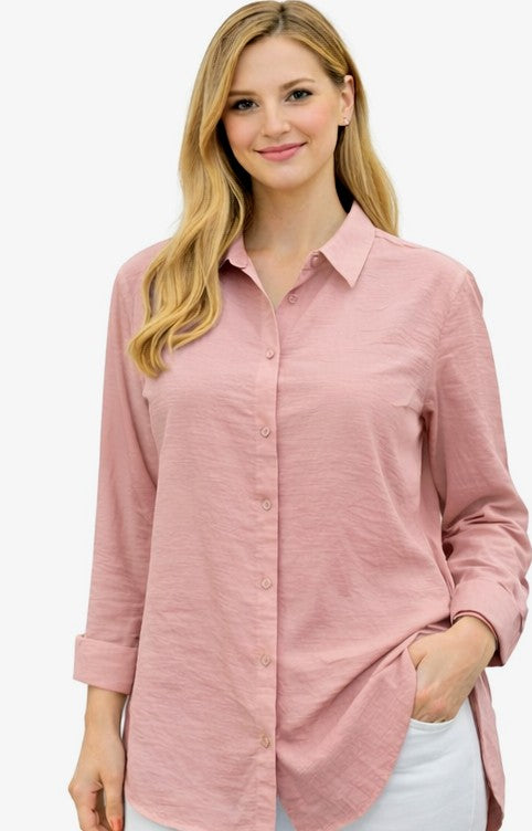 Tensel Kumaş Uzun Kollu Rahat Kesim Gömlek – Pudra