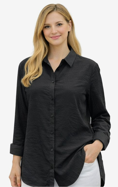 Tensel Kumaş Uzun Kollu Rahat Kesim Gömlek – Siyah