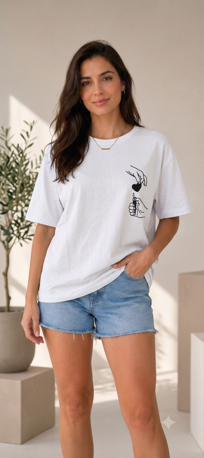 Minimalist Çizgi Sanatlı Kırık Beyaz Oversize Kadın Tişört