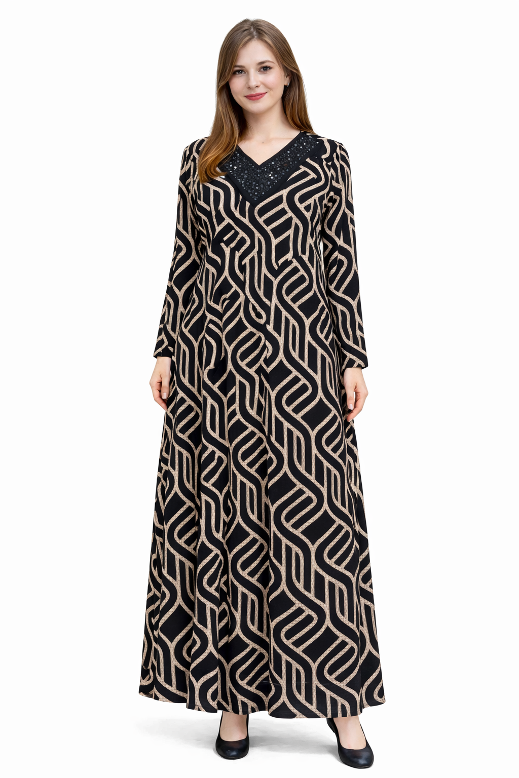 Desenli V Yaka Kadın Elbise 6925452 SİYAH