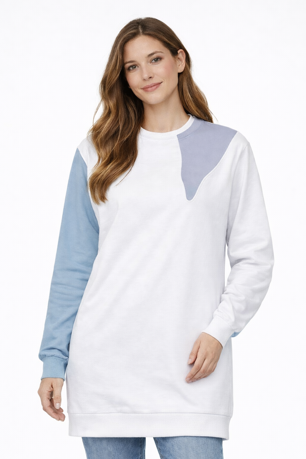 Kadın Renk Bloklu Bisiklet Yaka Sweatshirt