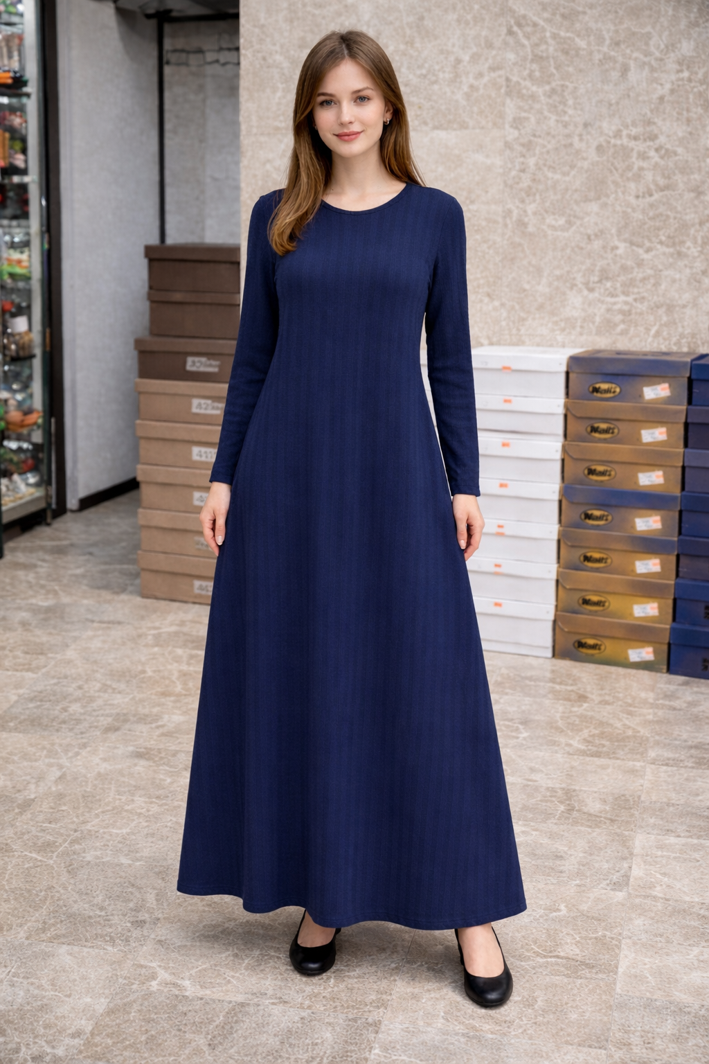 Uzun Kollu Basic Maxi Elbise – Lacivert