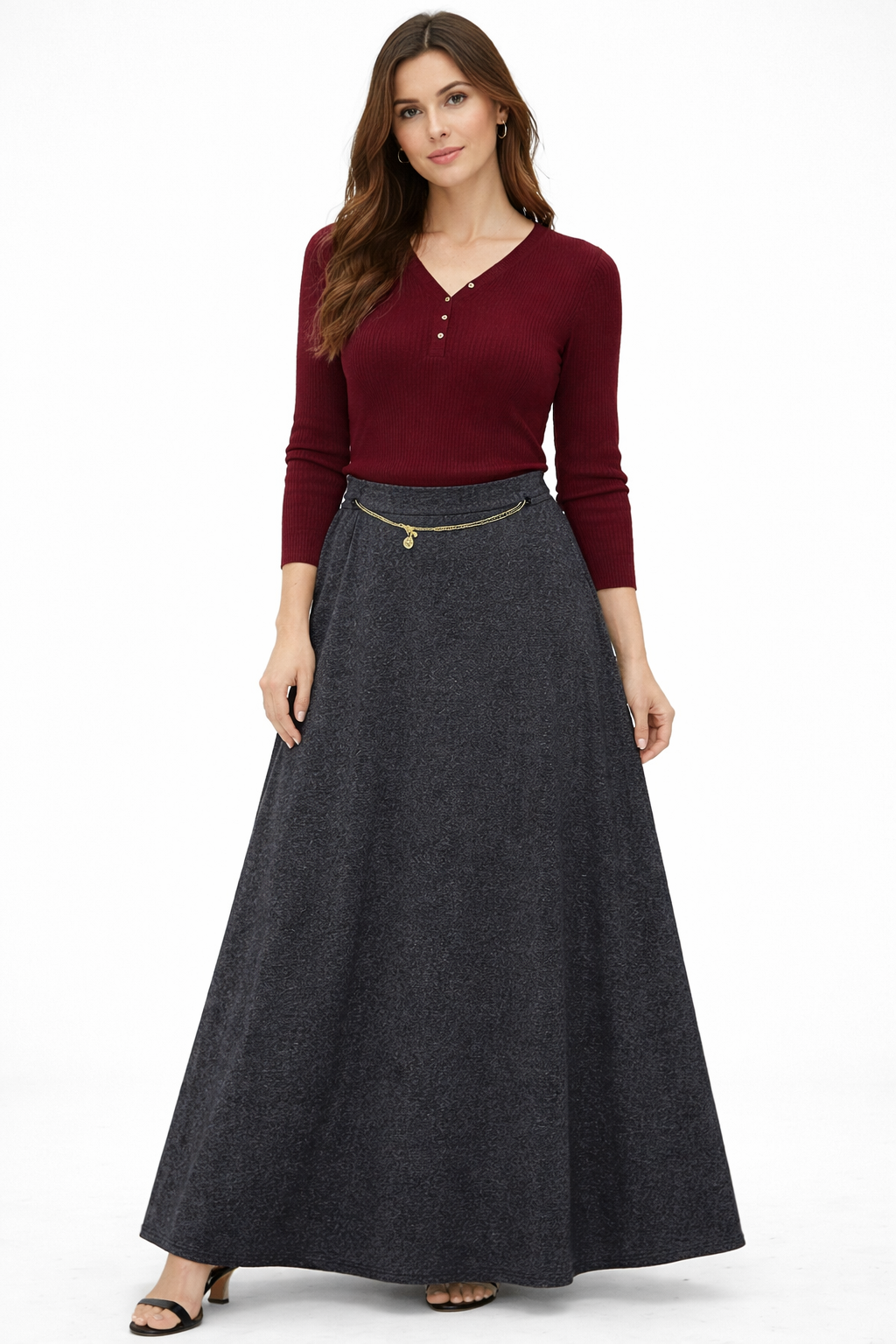 Zincir Detaylı Yüksek Bel A Kesim Maksi Etek – Antrasit