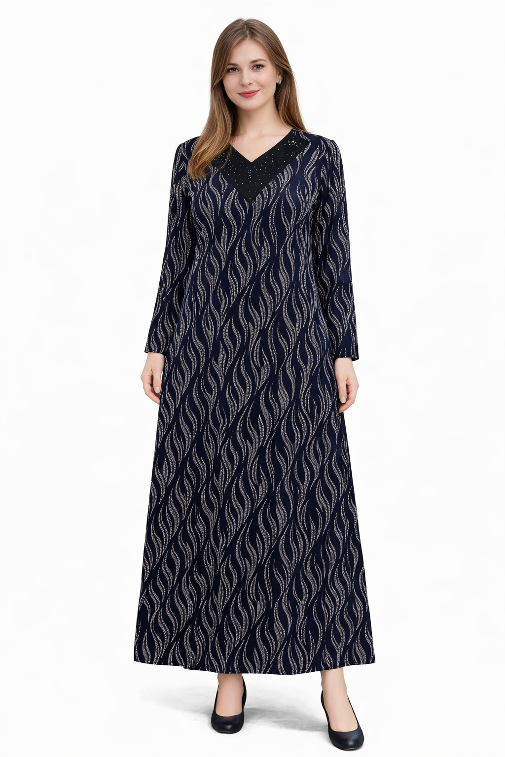 Desenli V Yaka Kadın Elbise 6925456 LACİVERT