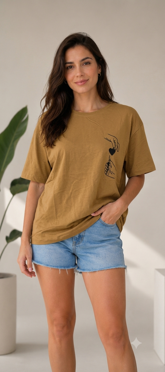 Ürün İsmi: Minimalist Kalp Detaylı Hardal Oversize Tişört