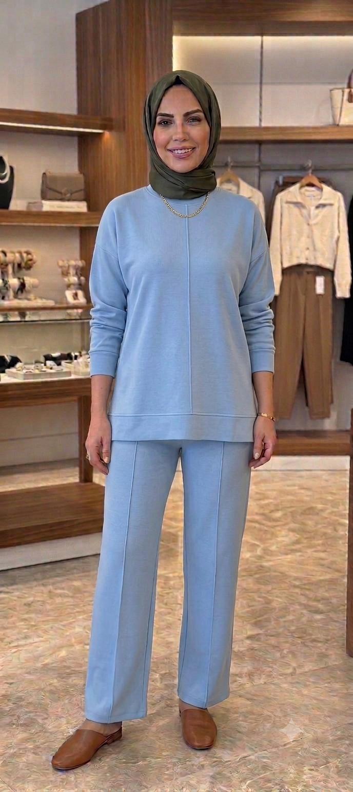 Kadın Tamamlayıcı İkili Set – Pastel Mavi Sweatshirt ve Pantolon Takımı
