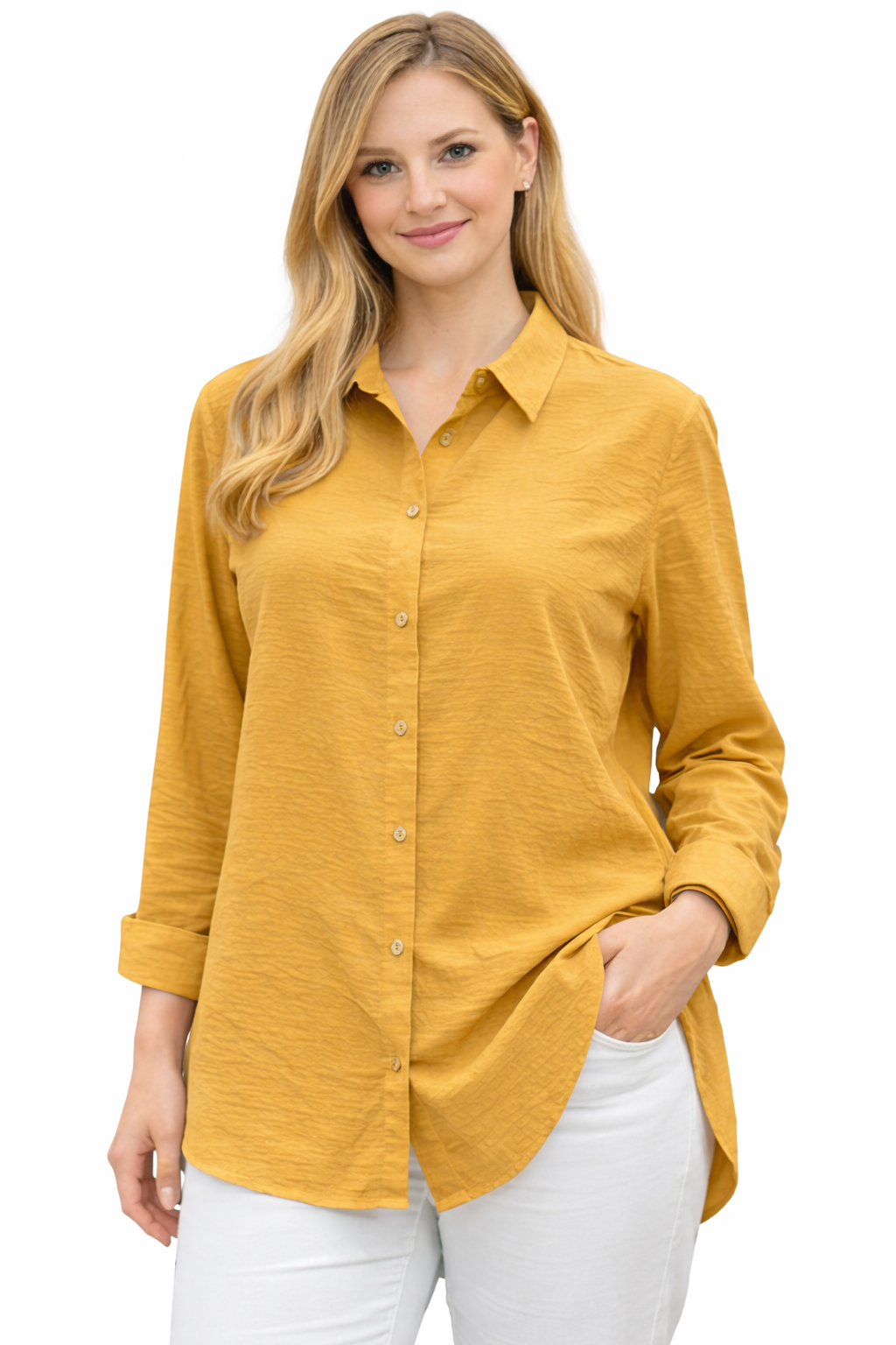 Tensel Kumaş Uzun Kollu Rahat Kesim Gömlek – Hardal