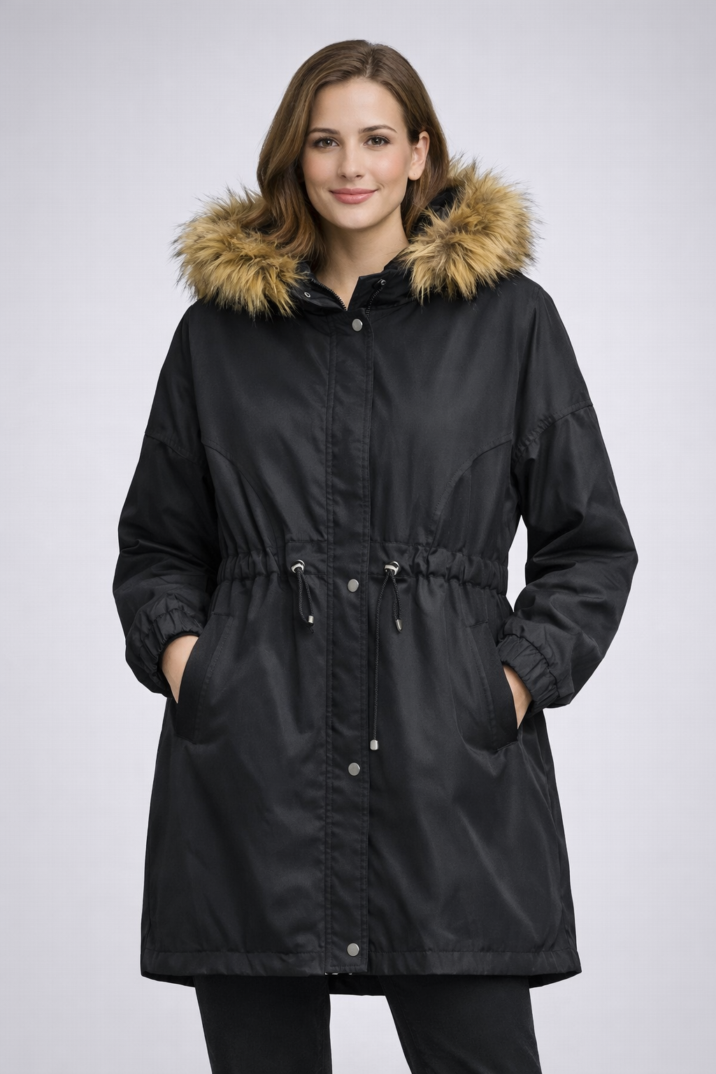 Kapüşonlu Kürk Detaylı Uzun Kadın Mont 6925441 SİYAH