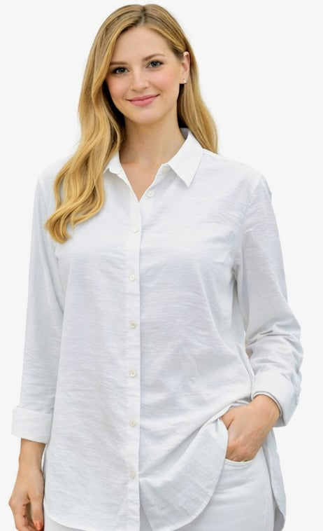 Tensel Kumaş Uzun Kollu Rahat Kesim Gömlek – Beyaz