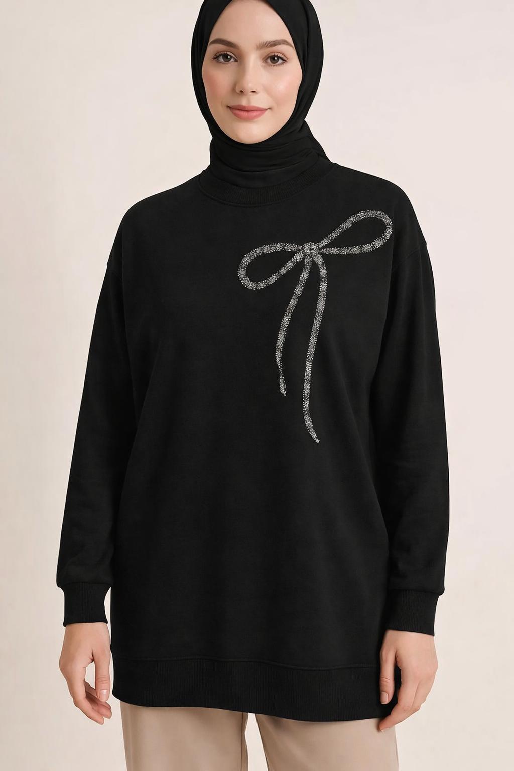 Taş Detaylı Fiyonk Desenli Sweat Tunik