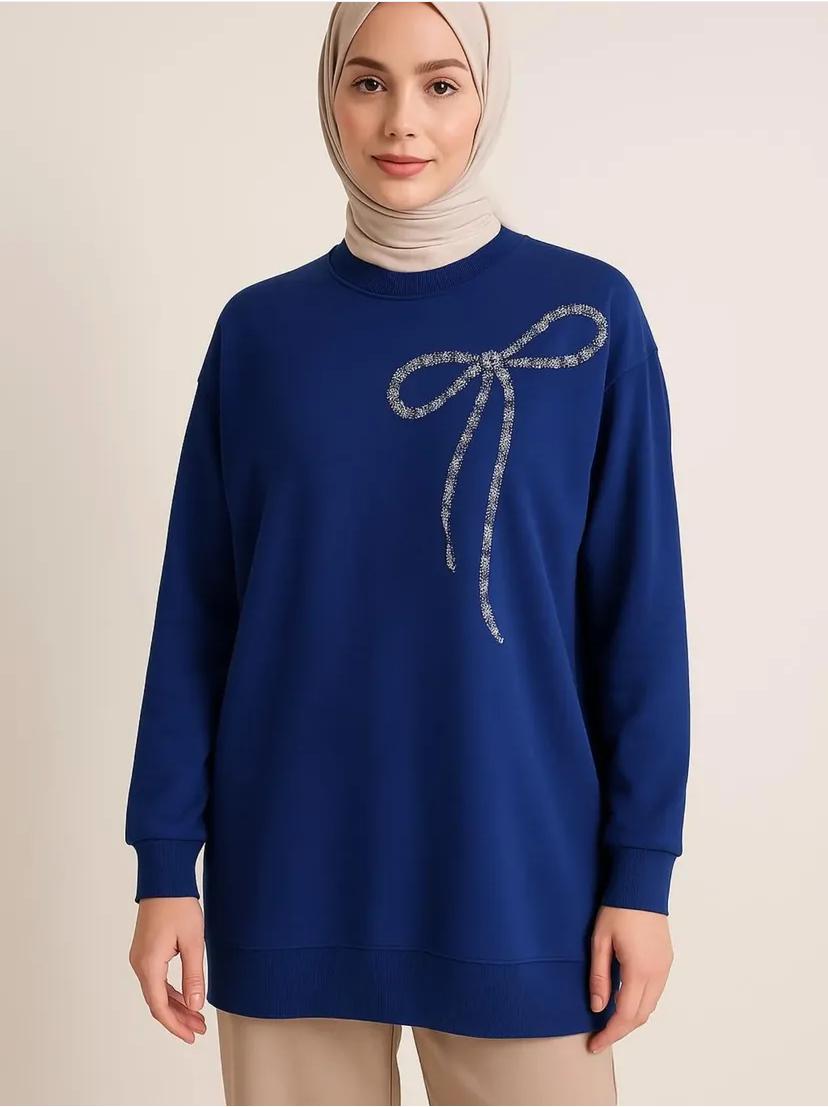 Taş Detaylı Fiyonk Desenli Sweat Tunik