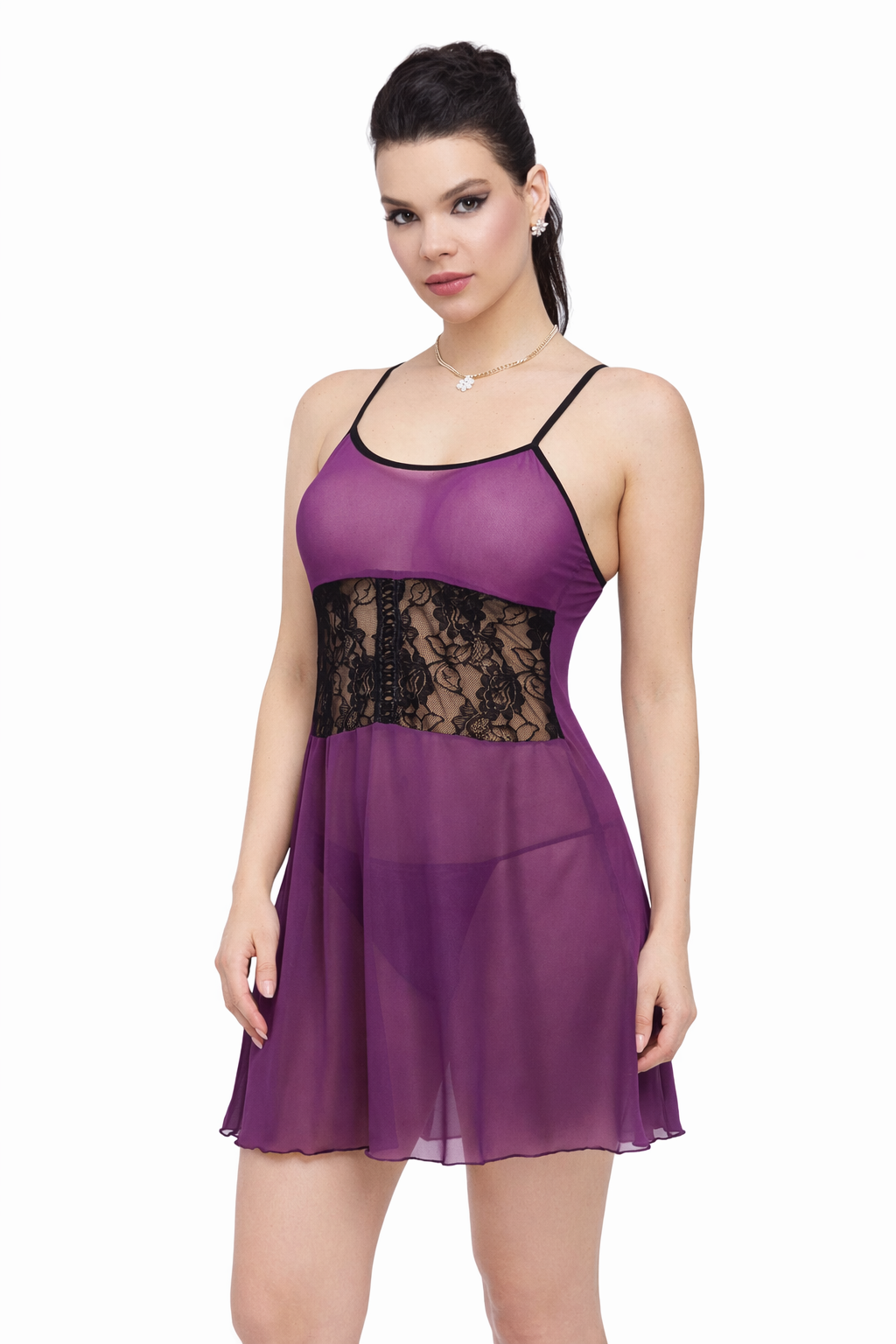 Dantel Detaylı Askılı Tül Babydoll Gecelik – Mor