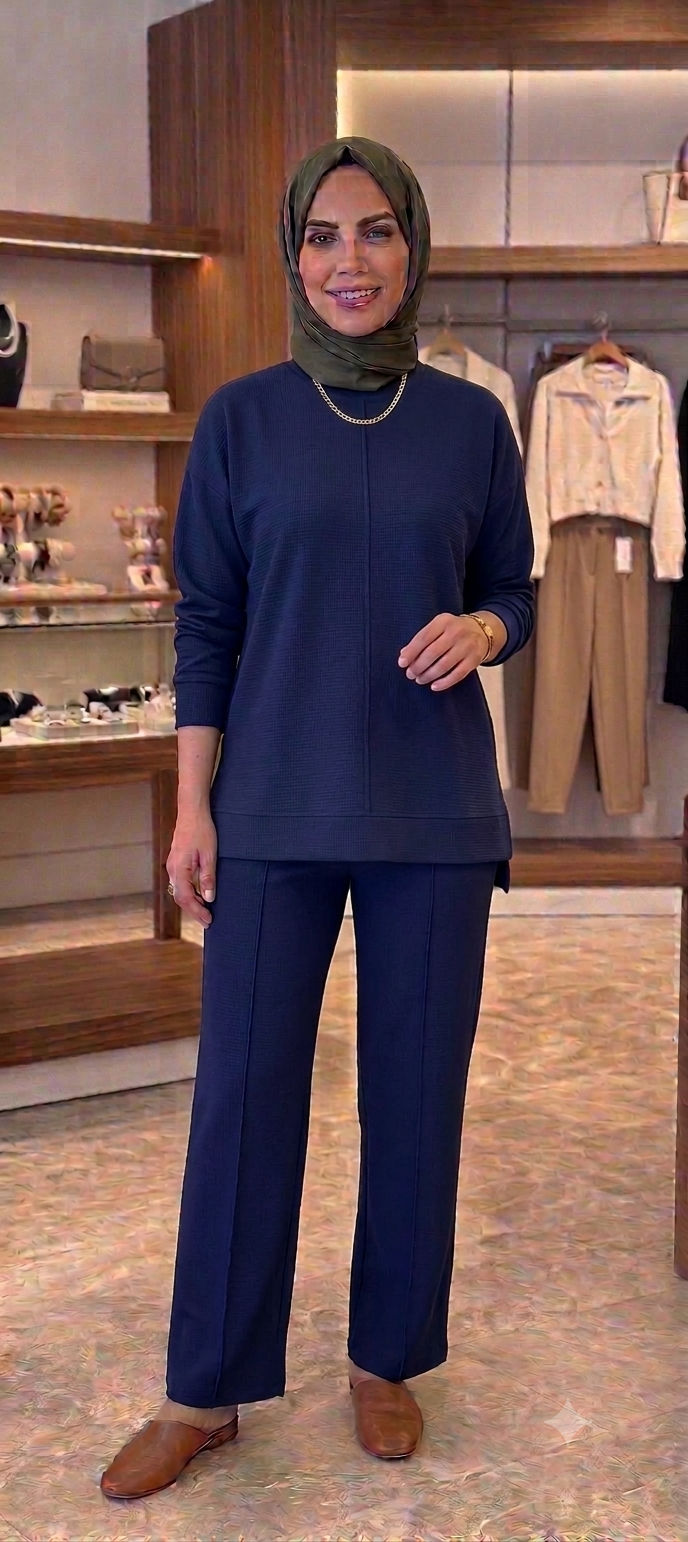 Kadın Tamamlayıcı İkili Set – Lacivert Dokulu Sweatshirt ve Pantolon Takımı