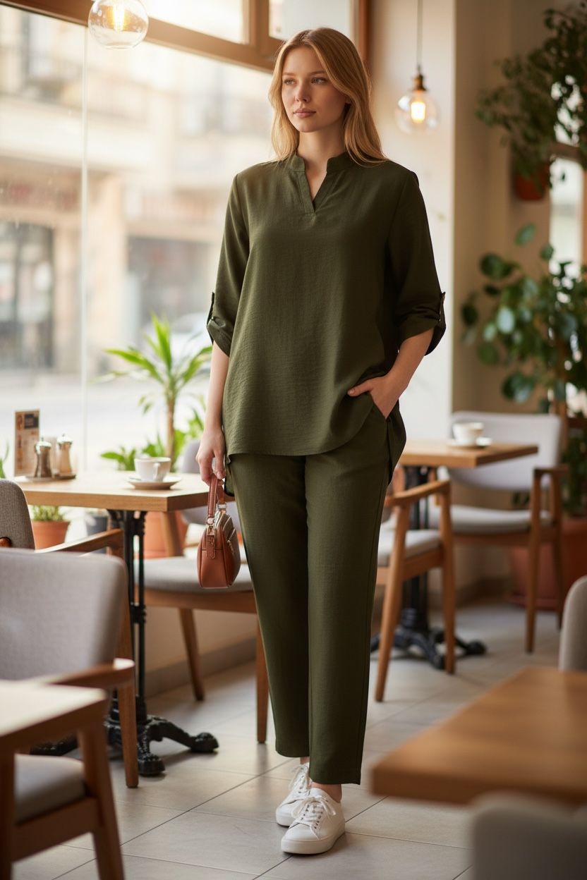 Ürün İsmi:
Haki Yeşil Rahat Kesim Kadın Takım