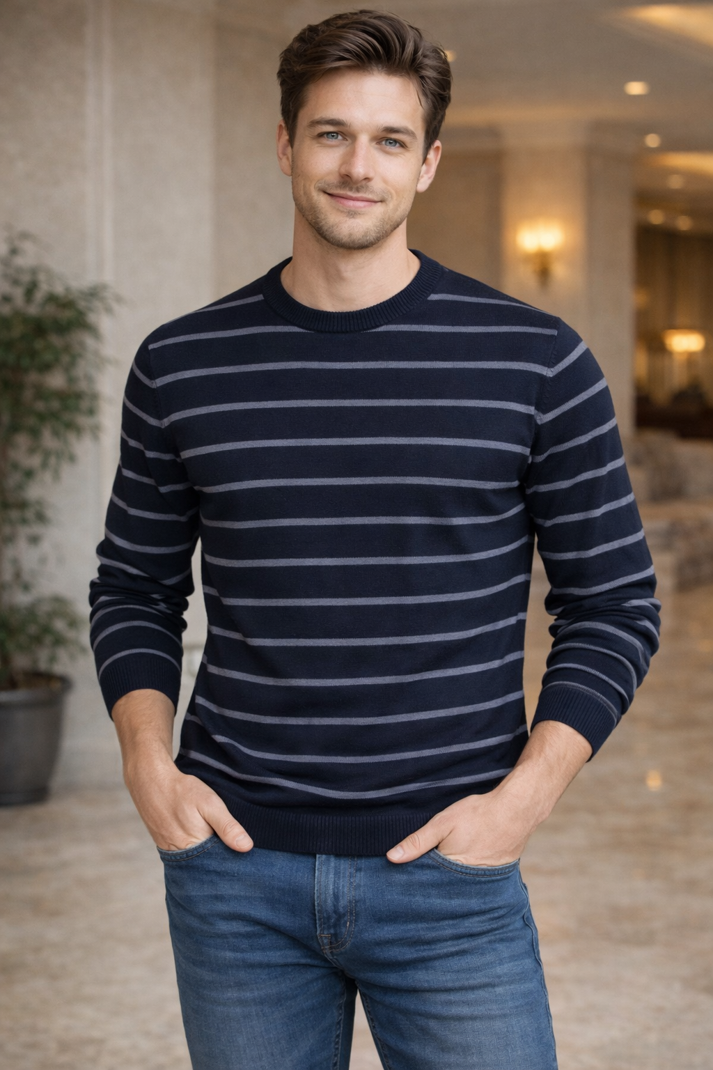 Erkek Çizgili Bisiklet Yaka Triko Kazak